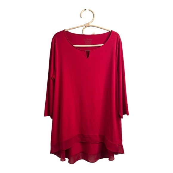 Chicos Cherry Red Demi Woven Mix Knit Top 3/4 Sleeve Hi Lo Hem Women Large - Picture 5 of 16